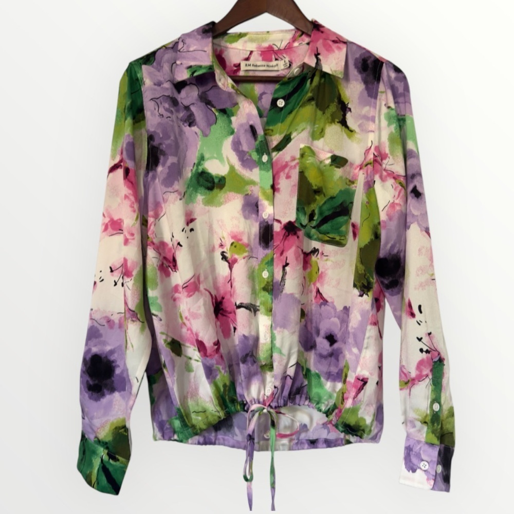 Rebecca Minkoff Top Womens Medium Purple Floral Watercolor Long Sleeve Tie Waist
